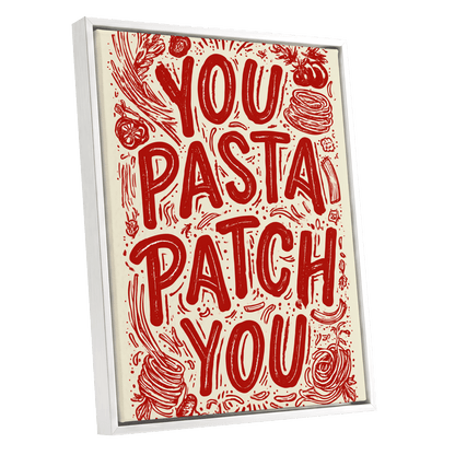 Pasta Patch Parade, red, beige, pink abstract wall art shown as a white framed canvas wall art