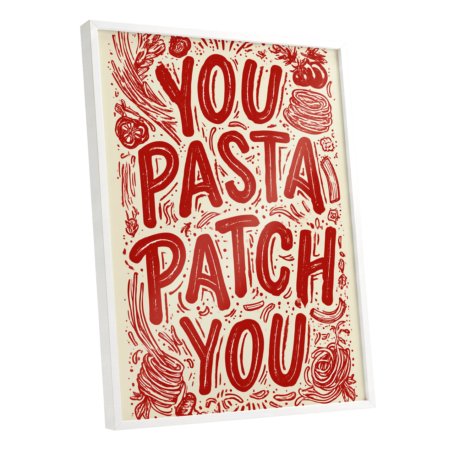 Pasta Patch Parade, red, beige, pink abstract wall art shown as a white framed poster wall art print