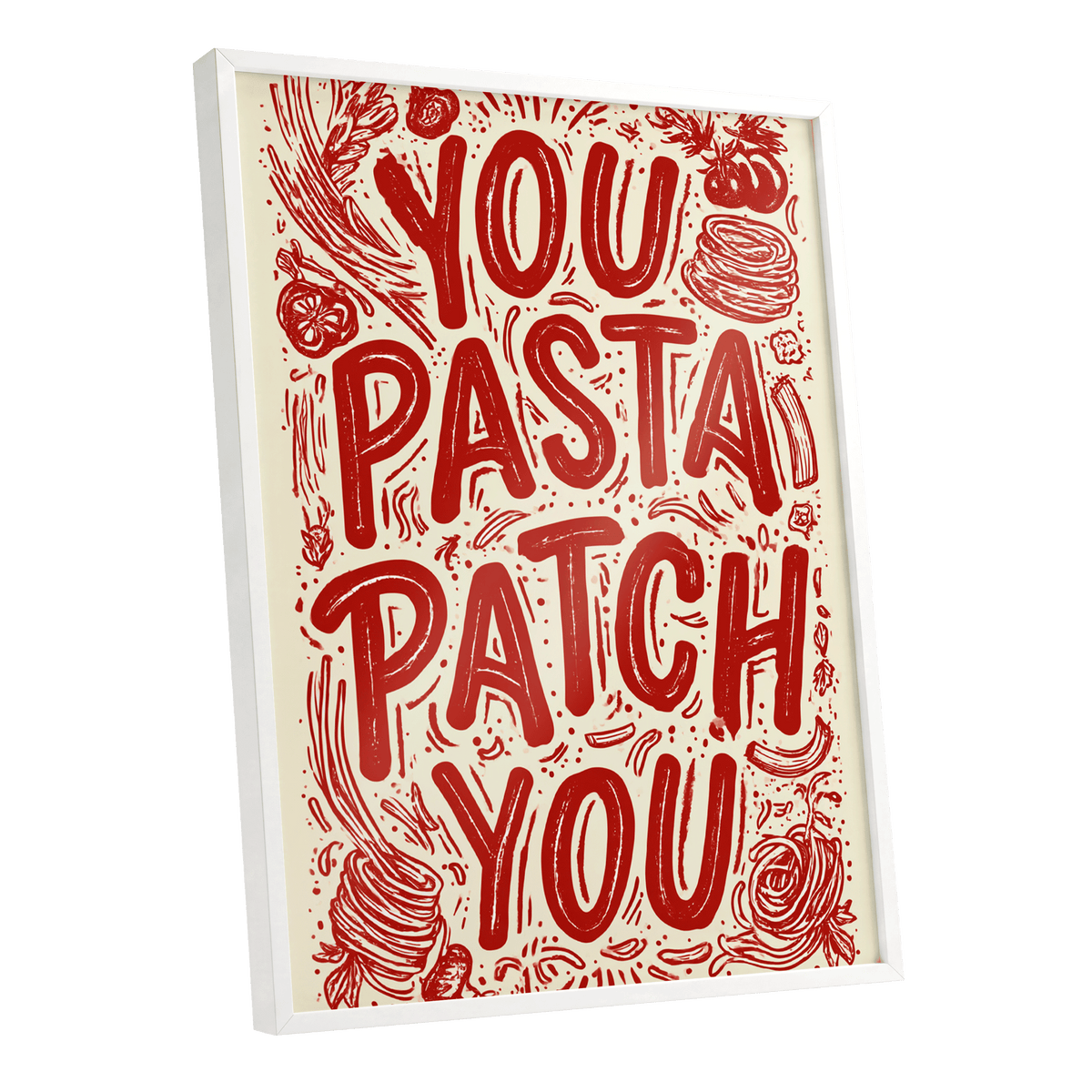Pasta Patch Parade, red, beige, pink abstract wall art shown as a white framed poster wall art print