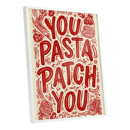 Pasta Patch Parade, red, beige, pink abstract wall art shown as a white framed poster wall art print