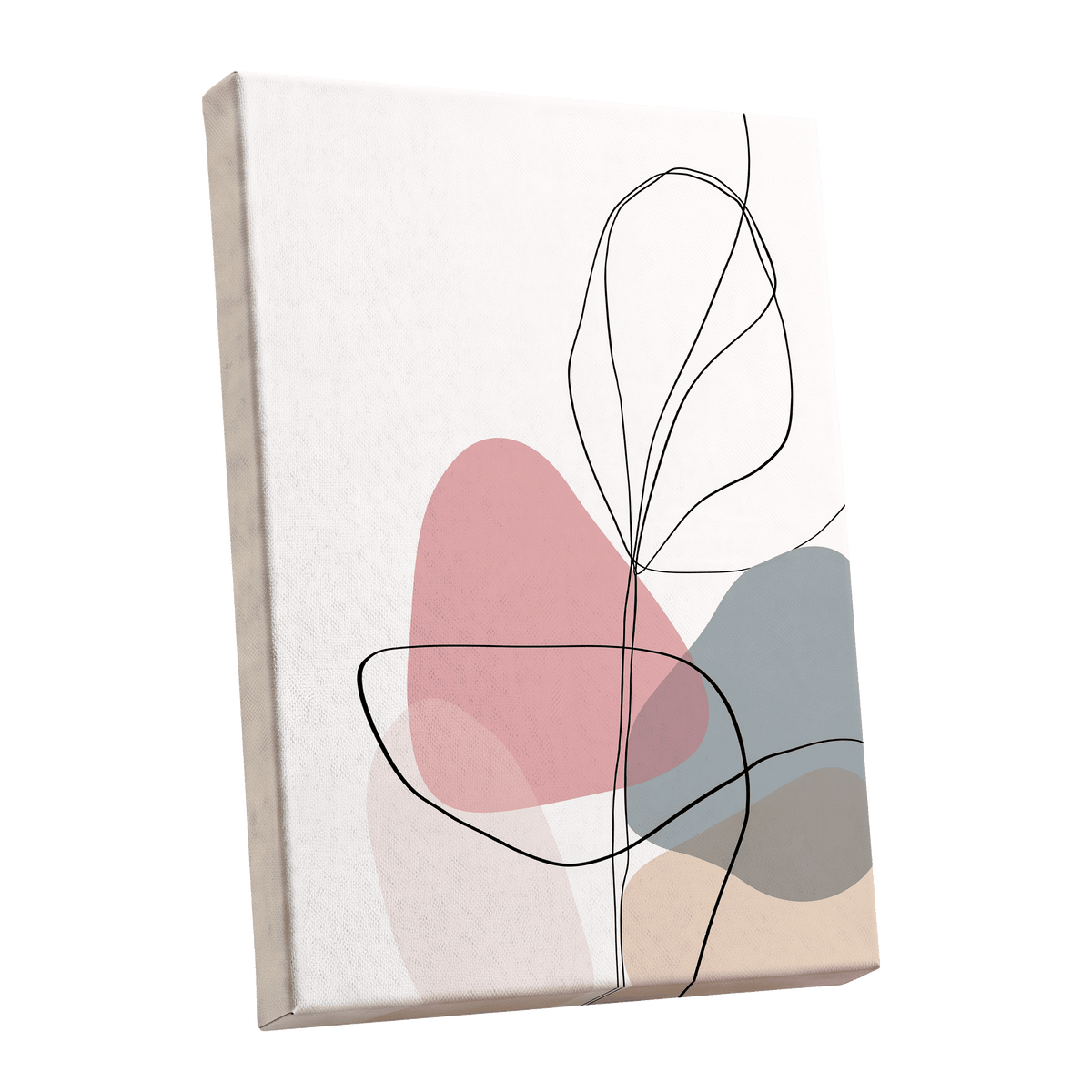 Pastel Botanical Lines: a square canvas wall art print with a minimalist abstract design, featuring overlapping organic shapes in dusty pink, slate blue, and beige, outlined with thin black lines on a textured off-white background.