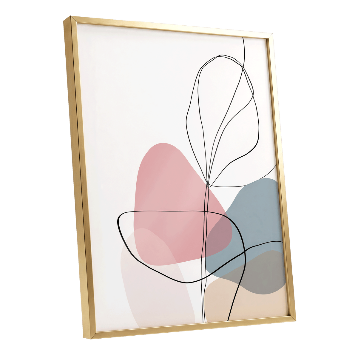 Pastel Botanical Lines: framed abstract wall art with minimalist black line art over overlapping blush pink, dusty blue, and beige shapes on a white background, shown in a thin gold frame against a light gray studio backdrop.