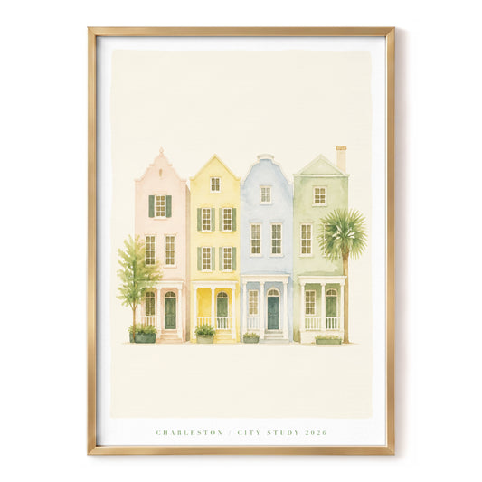 Pastel Charleston Row, multicolor, beige, green minimalist wall art, front artwork view