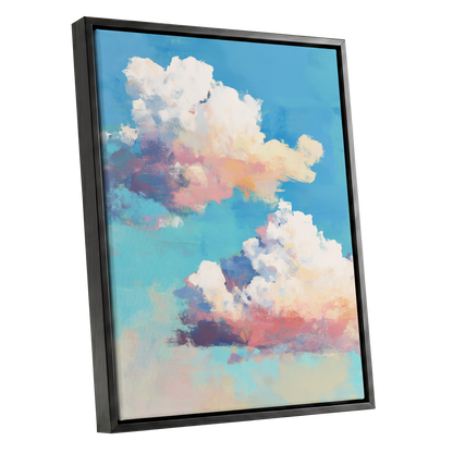 Pastel Cloud Drift, blue, white, pink nature wall art shown as a black framed canvas wall art