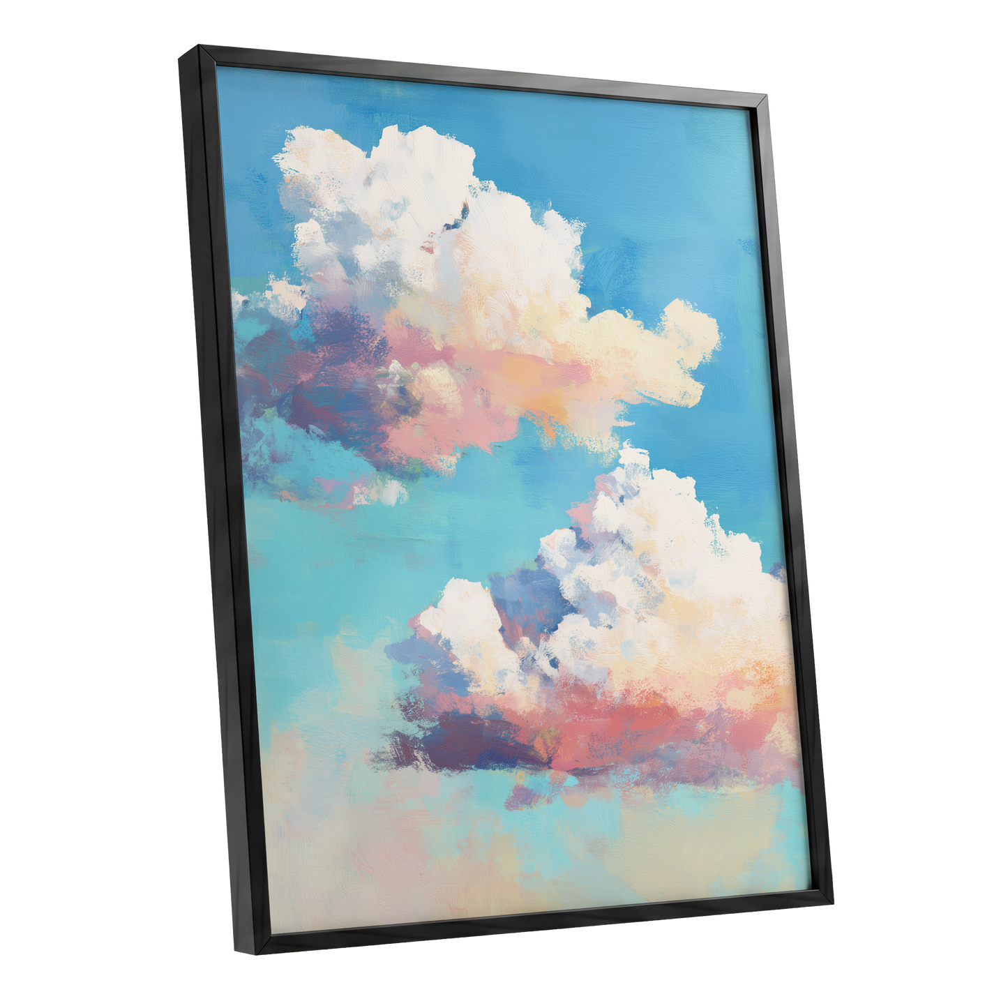 Pastel Cloud Drift, blue, white, pink nature wall art shown as a black framed poster wall art print