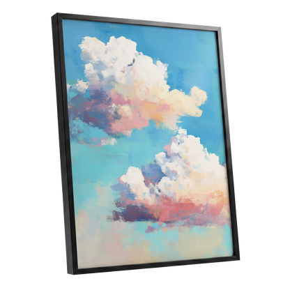 Pastel Cloud Drift, blue, white, pink nature wall art shown as a black framed poster wall art print