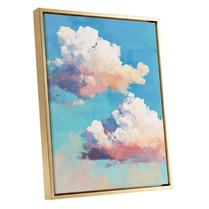 Pastel Cloud Drift, blue, white, pink nature wall art shown as a gold framed canvas wall art