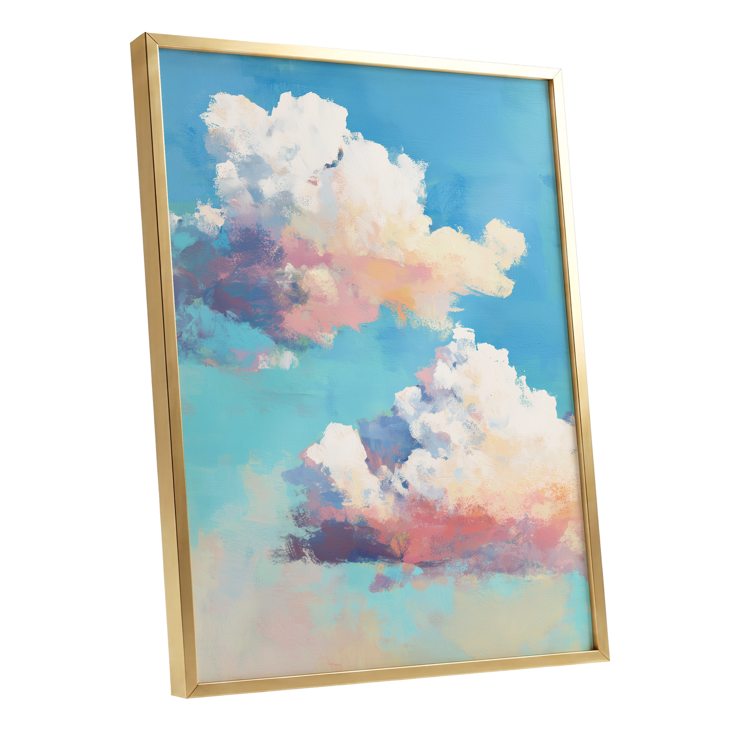 Pastel Cloud Drift, blue, white, pink nature wall art shown as a gold framed poster wall art print