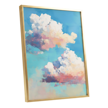 Pastel Cloud Drift, blue, white, pink nature wall art shown as a gold framed poster wall art print