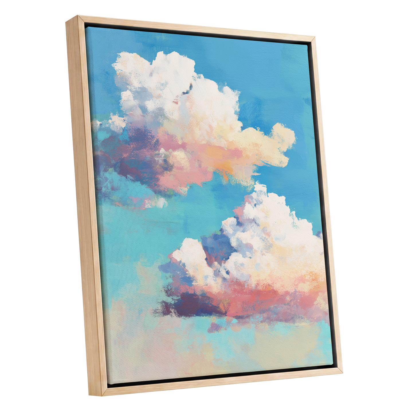 Pastel Cloud Drift, blue, white, pink nature wall art shown as a oak framed canvas wall art