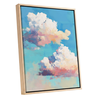 Pastel Cloud Drift, blue, white, pink nature wall art shown as a oak framed canvas wall art