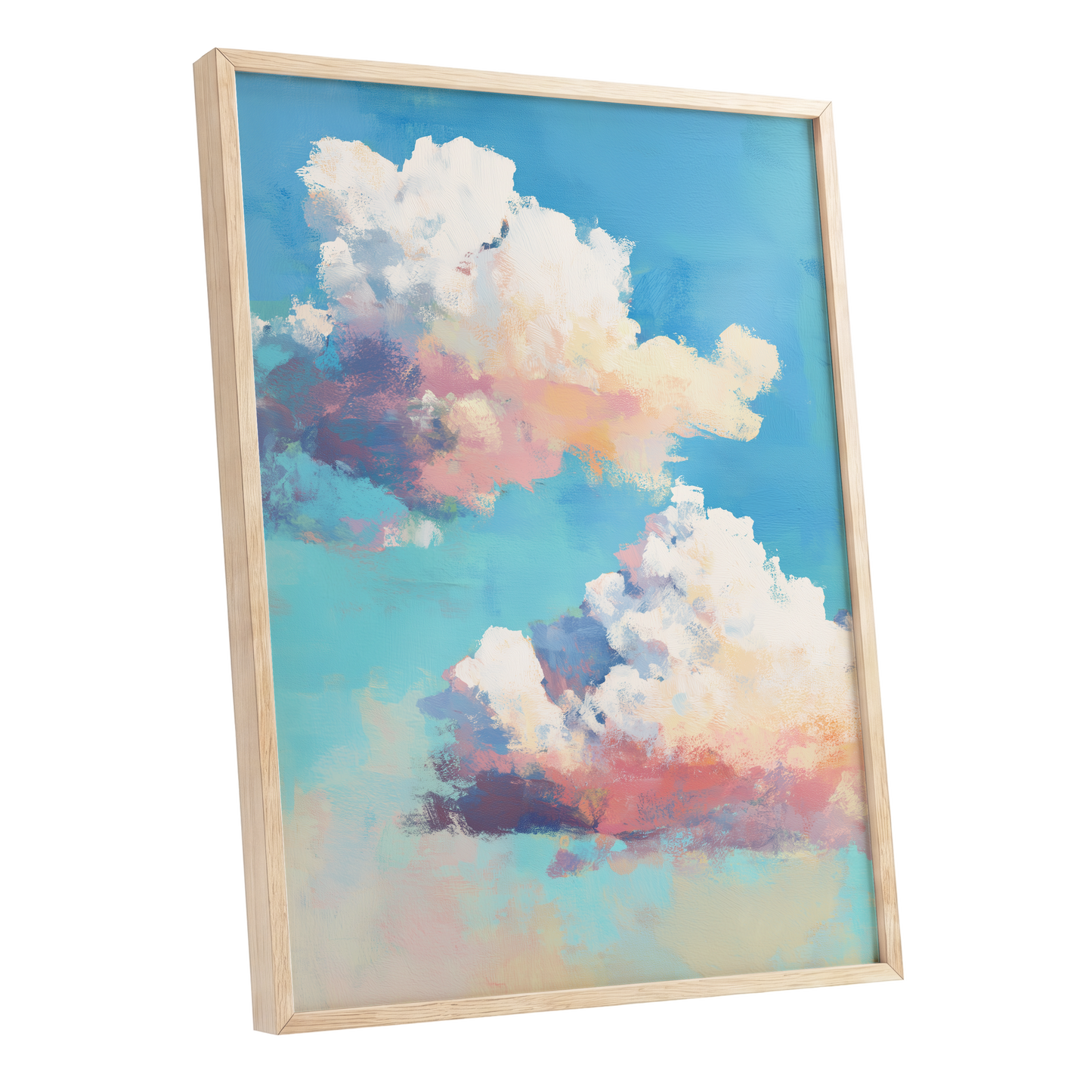 Pastel Cloud Drift, blue, white, pink nature wall art shown as a oak framed poster wall art print