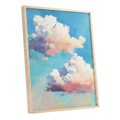 Pastel Cloud Drift, blue, white, pink nature wall art shown as a oak framed poster wall art print