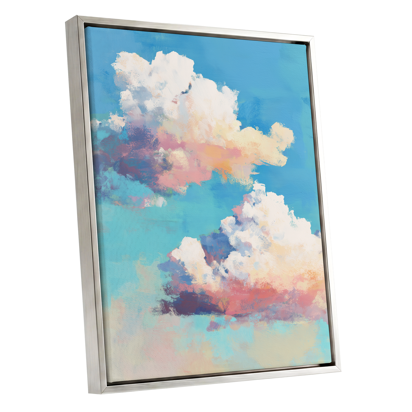 Pastel Cloud Drift, blue, white, pink nature wall art shown as a silver framed canvas wall art
