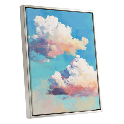 Pastel Cloud Drift, blue, white, pink nature wall art shown as a silver framed canvas wall art