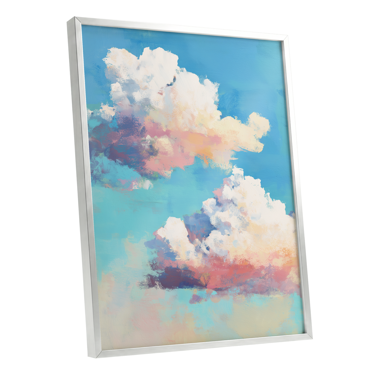 Pastel Cloud Drift, blue, white, pink nature wall art shown as a silver framed poster wall art print