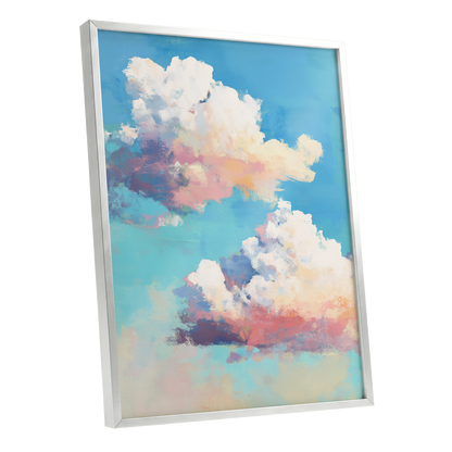 Pastel Cloud Drift, blue, white, pink nature wall art shown as a silver framed poster wall art print
