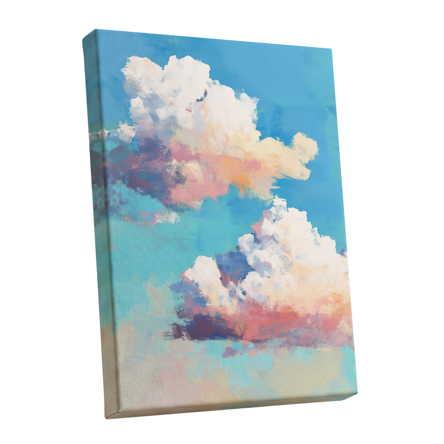 Pastel Cloud Drift, blue, white, pink nature wall art shown as a stretched canvas wall art
