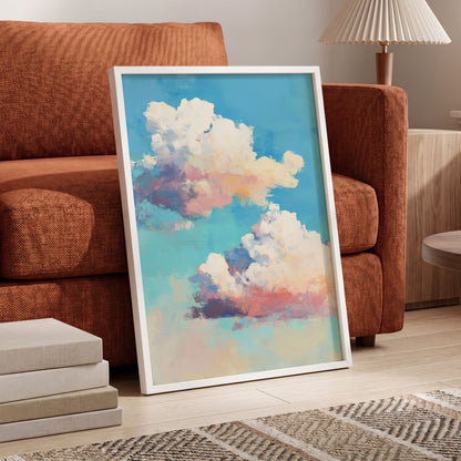Pastel Cloud Drift, blue, white, pink nature wall art displayed in a styled interior, gallery view 2