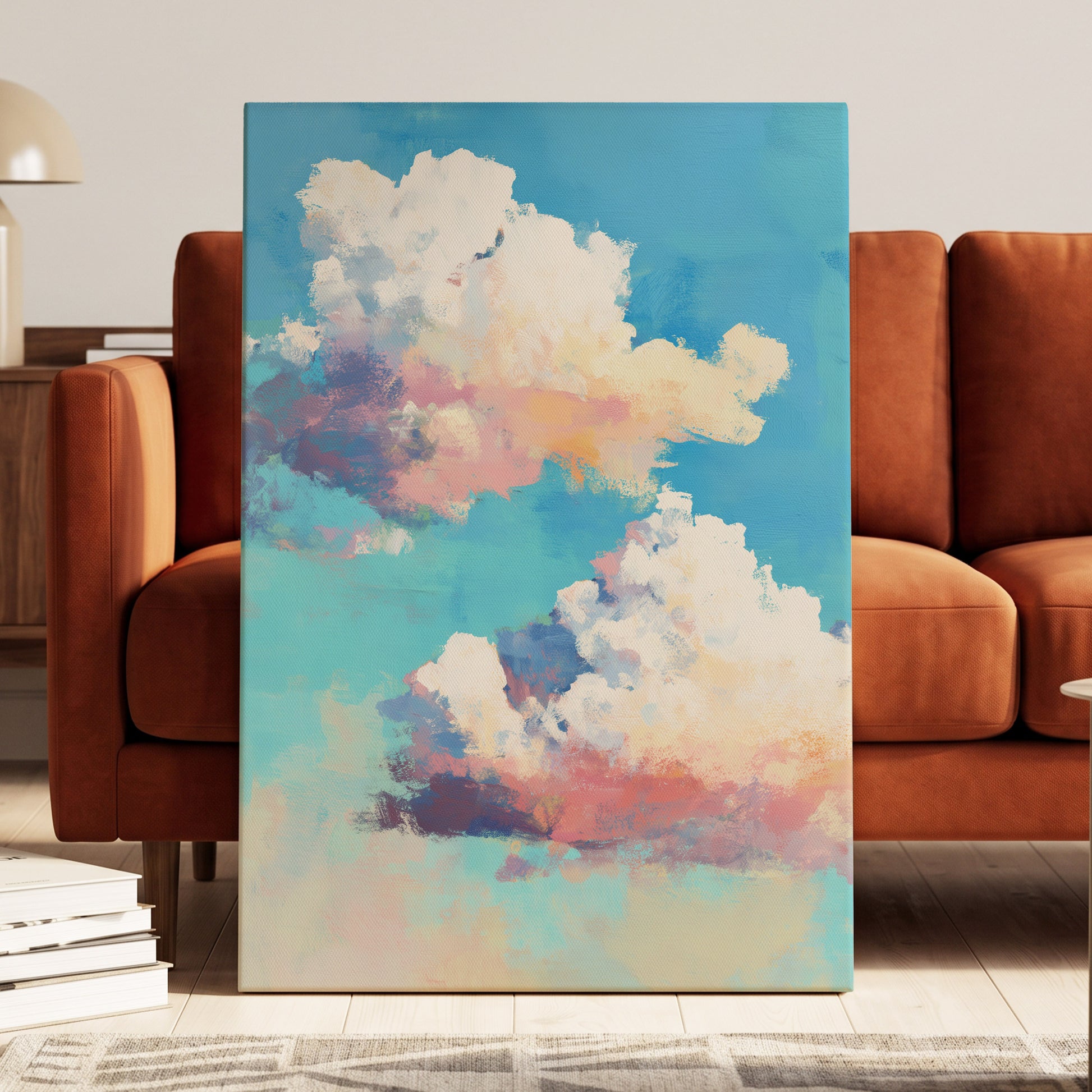 Pastel Cloud Drift, blue, white, pink nature wall art displayed in a styled interior, gallery view 3