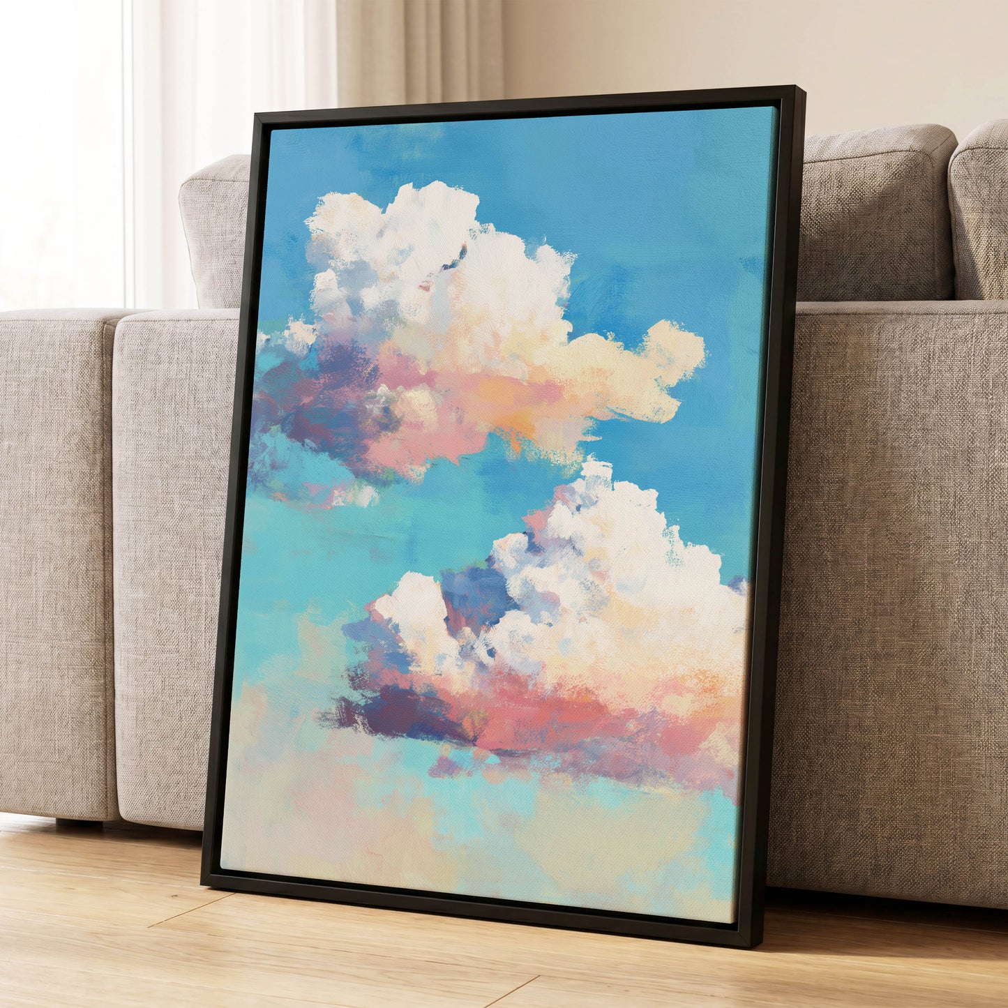Pastel Cloud Drift, blue, white, pink nature wall art displayed in a styled interior, gallery view 4