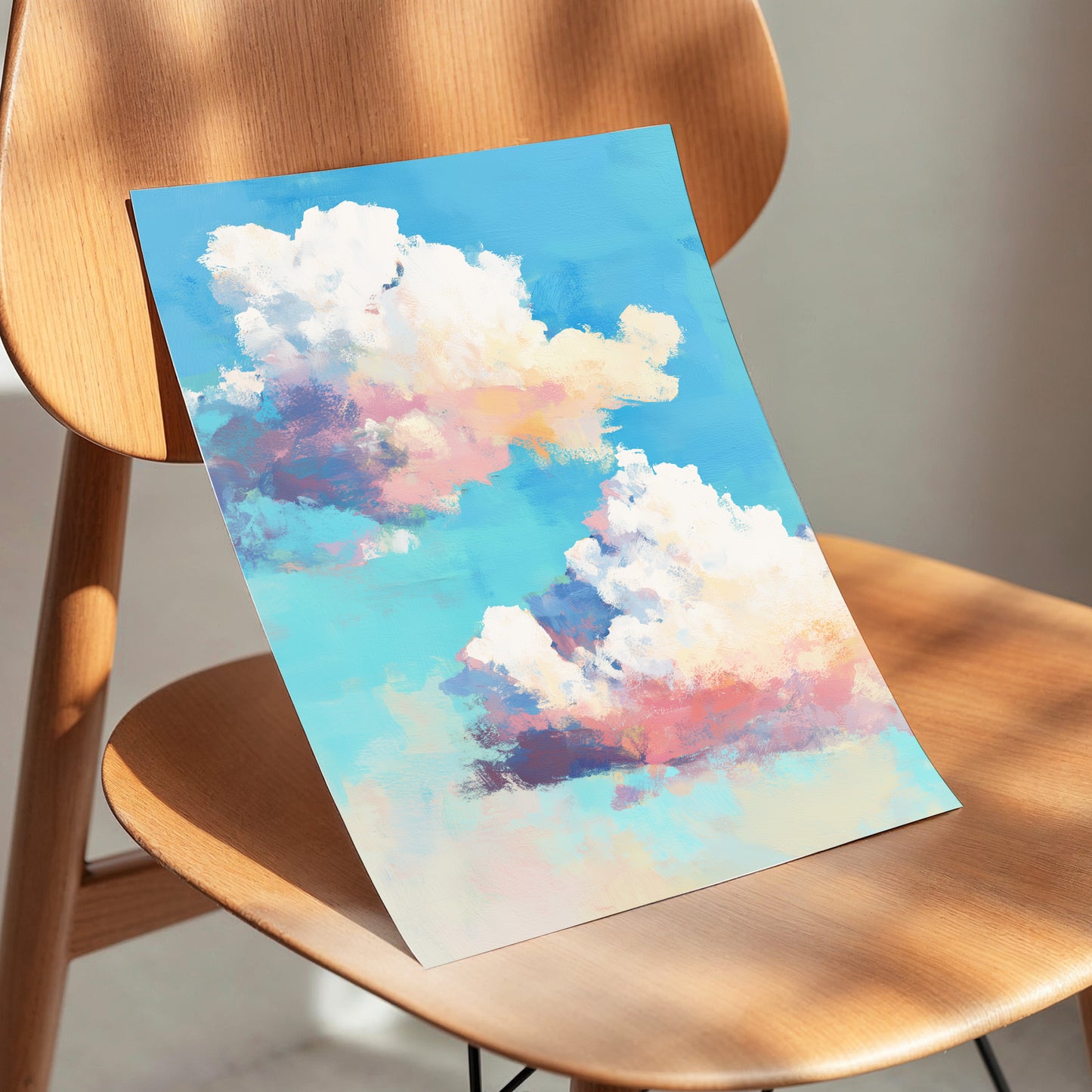 Pastel Cloud Drift, blue, white, pink nature wall art displayed in a styled interior, gallery view 5