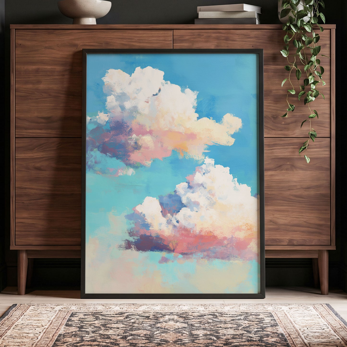 Pastel Cloud Drift, blue, white, pink nature wall art displayed in a styled interior, gallery view 6