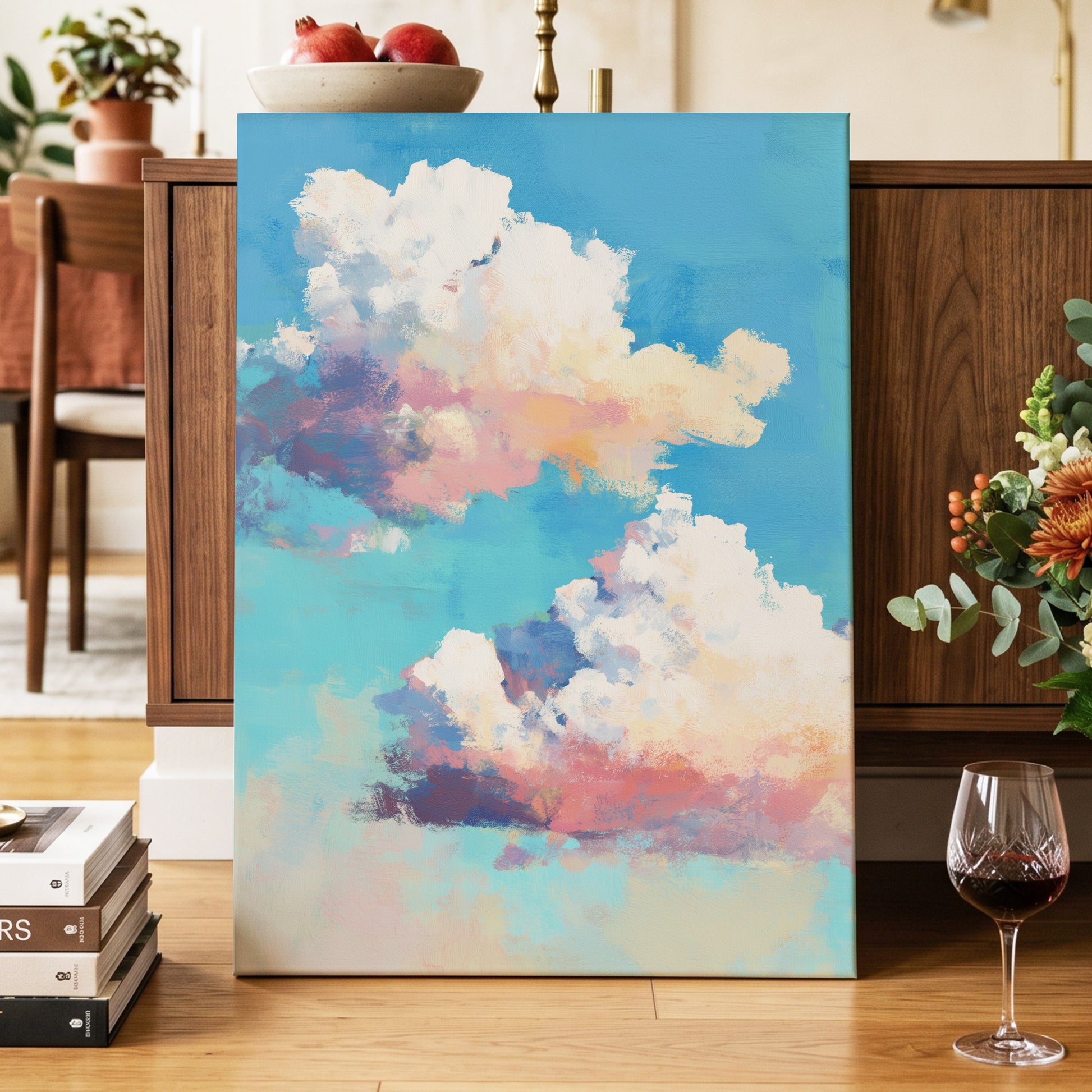 Pastel Cloud Drift, blue, white, pink nature wall art displayed in a styled interior, gallery view 7