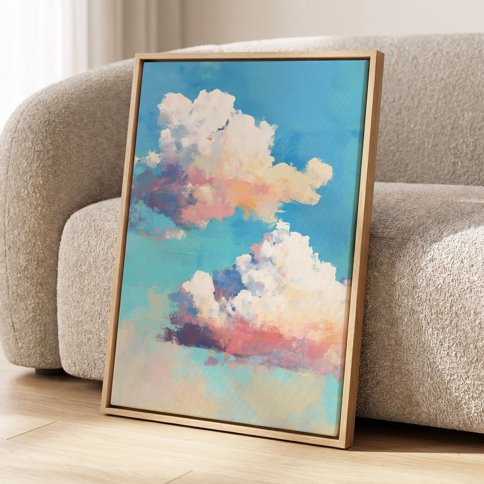 Pastel Cloud Drift, blue, white, pink nature wall art displayed in a styled interior, gallery view 8