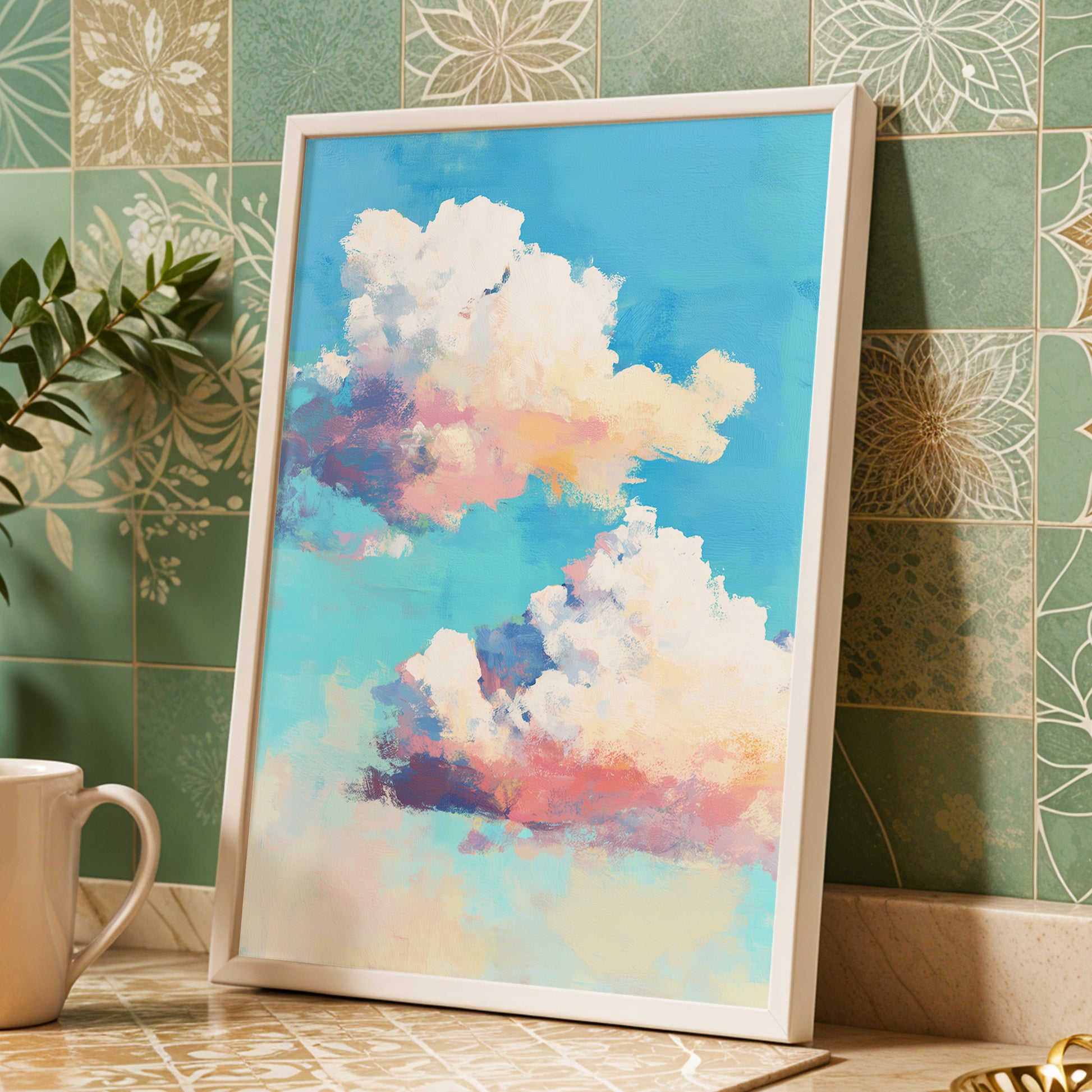 Pastel Cloud Drift, blue, white, pink nature wall art displayed in a styled interior, gallery view 9