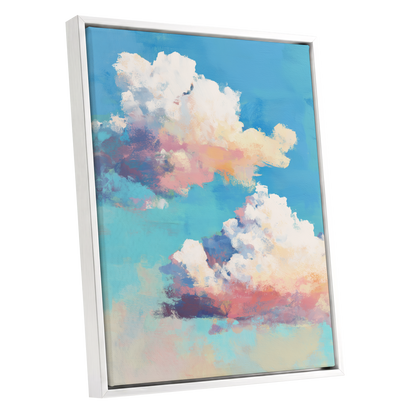 Pastel Cloud Drift, blue, white, pink nature wall art shown as a white framed canvas wall art