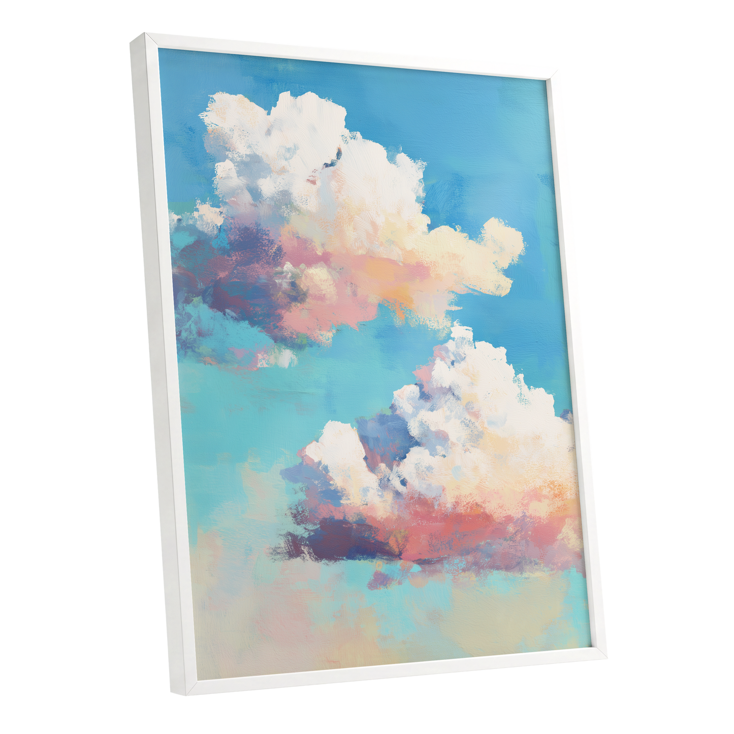 Pastel Cloud Drift, blue, white, pink nature wall art shown as a white framed poster wall art print