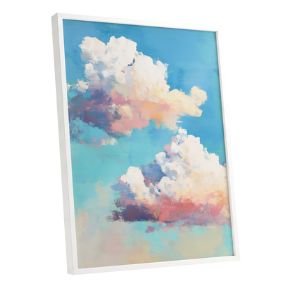 Pastel Cloud Drift, blue, white, pink nature wall art shown as a white framed poster wall art print