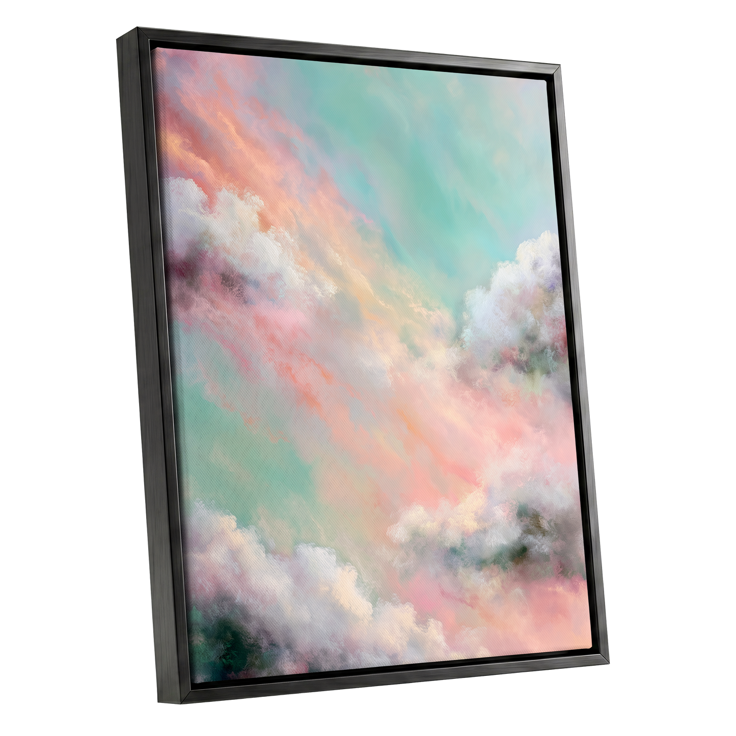 Pastel Cloud Reverie, pink, white, blue nature wall art shown as a black framed canvas wall art