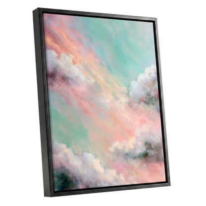 Pastel Cloud Reverie, pink, white, blue nature wall art shown as a black framed canvas wall art