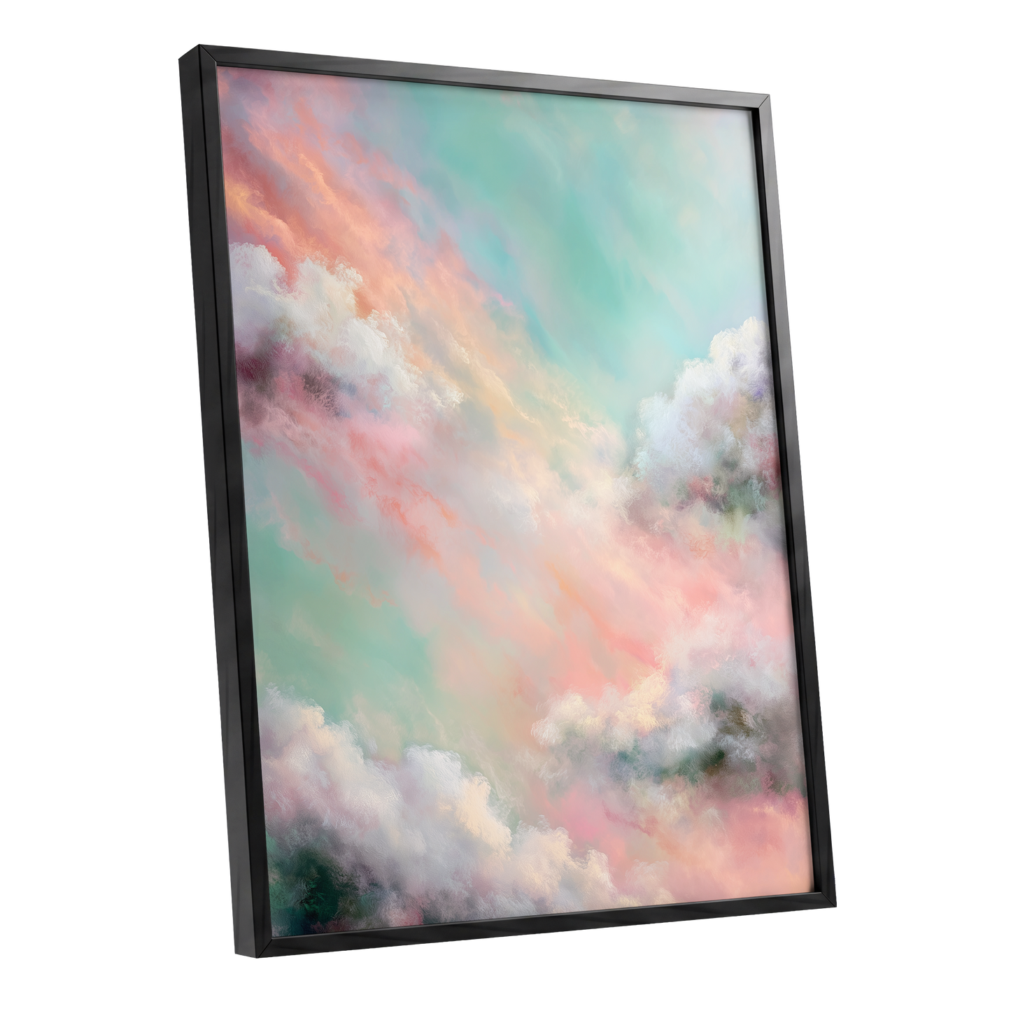 Pastel Cloud Reverie, pink, white, blue nature wall art shown as a black framed poster wall art print