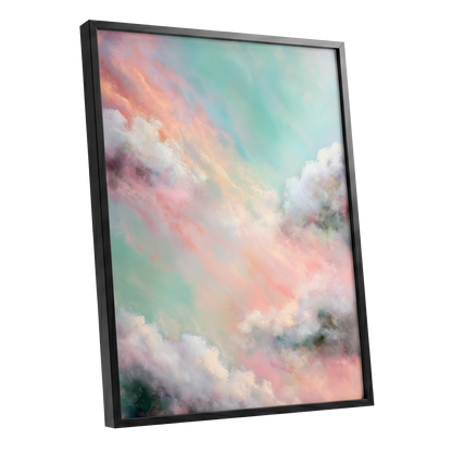 Pastel Cloud Reverie, pink, white, blue nature wall art shown as a black framed poster wall art print