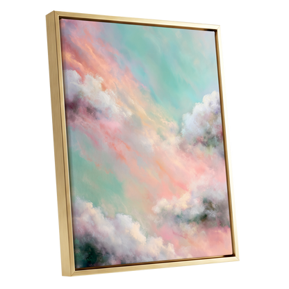 Pastel Cloud Reverie, pink, white, blue nature wall art shown as a gold framed canvas wall art