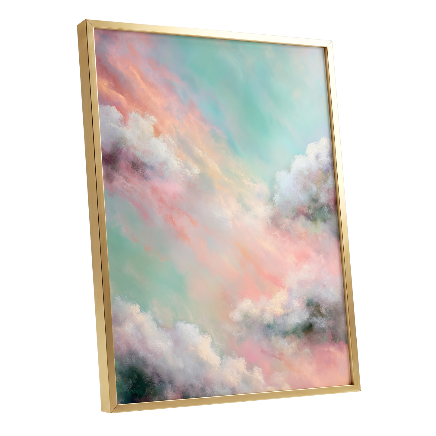 Pastel Cloud Reverie, pink, white, blue nature wall art shown as a gold framed poster wall art print
