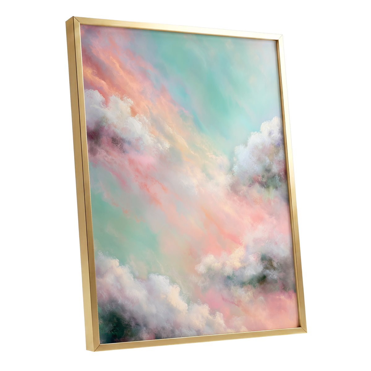 Pastel Cloud Reverie, pink, white, blue nature wall art shown as a gold framed poster wall art print