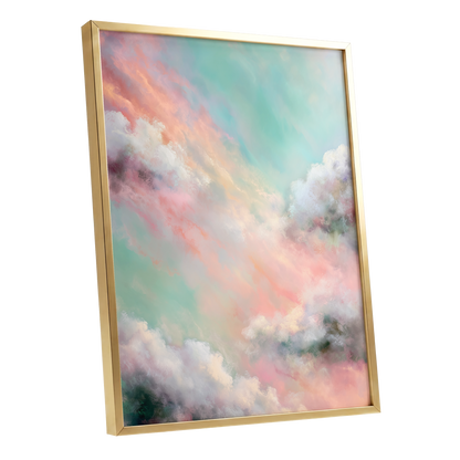 Pastel Cloud Reverie, pink, white, blue nature wall art shown as a gold framed poster wall art print