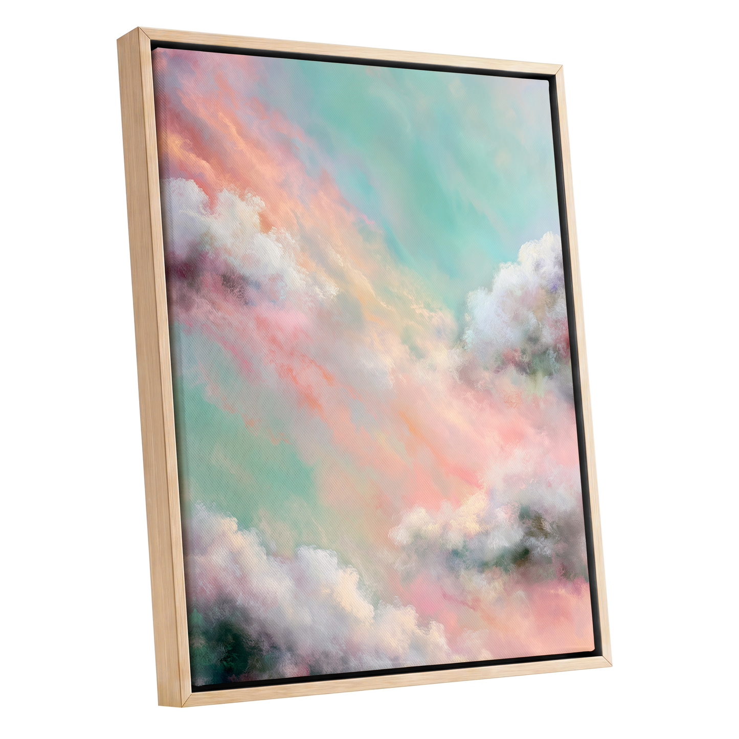 Pastel Cloud Reverie, pink, white, blue nature wall art shown as a oak framed canvas wall art
