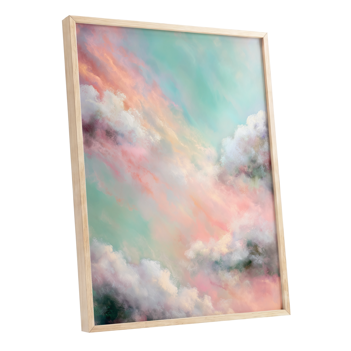 Pastel Cloud Reverie, pink, white, blue nature wall art shown as a oak framed poster wall art print