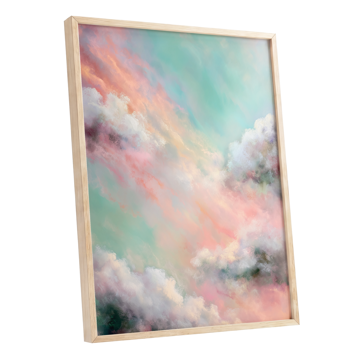 Pastel Cloud Reverie, pink, white, blue nature wall art shown as a oak framed poster wall art print