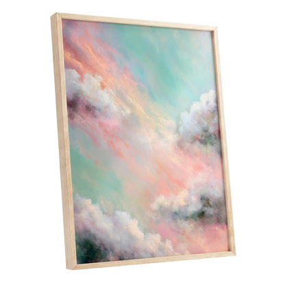 Pastel Cloud Reverie, pink, white, blue nature wall art shown as a oak framed poster wall art print