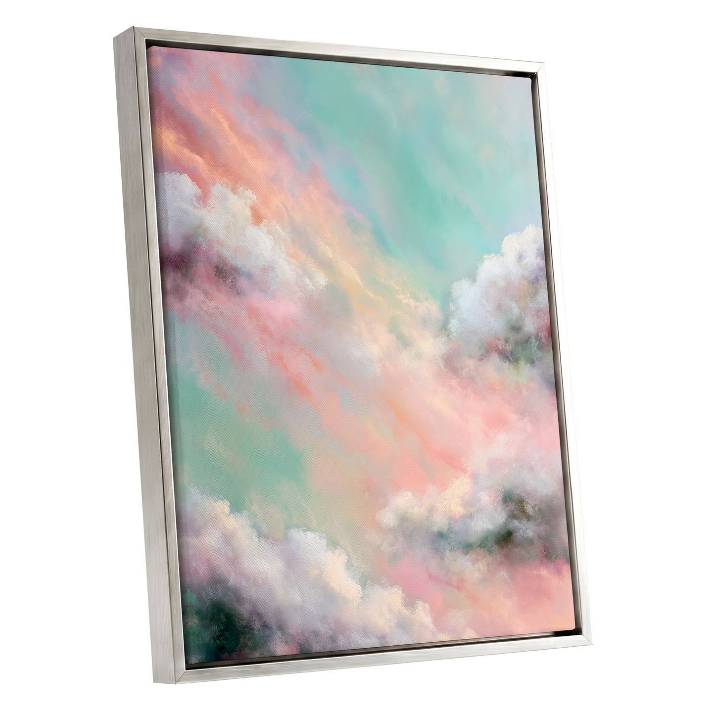 Pastel Cloud Reverie, pink, white, blue nature wall art shown as a silver framed canvas wall art