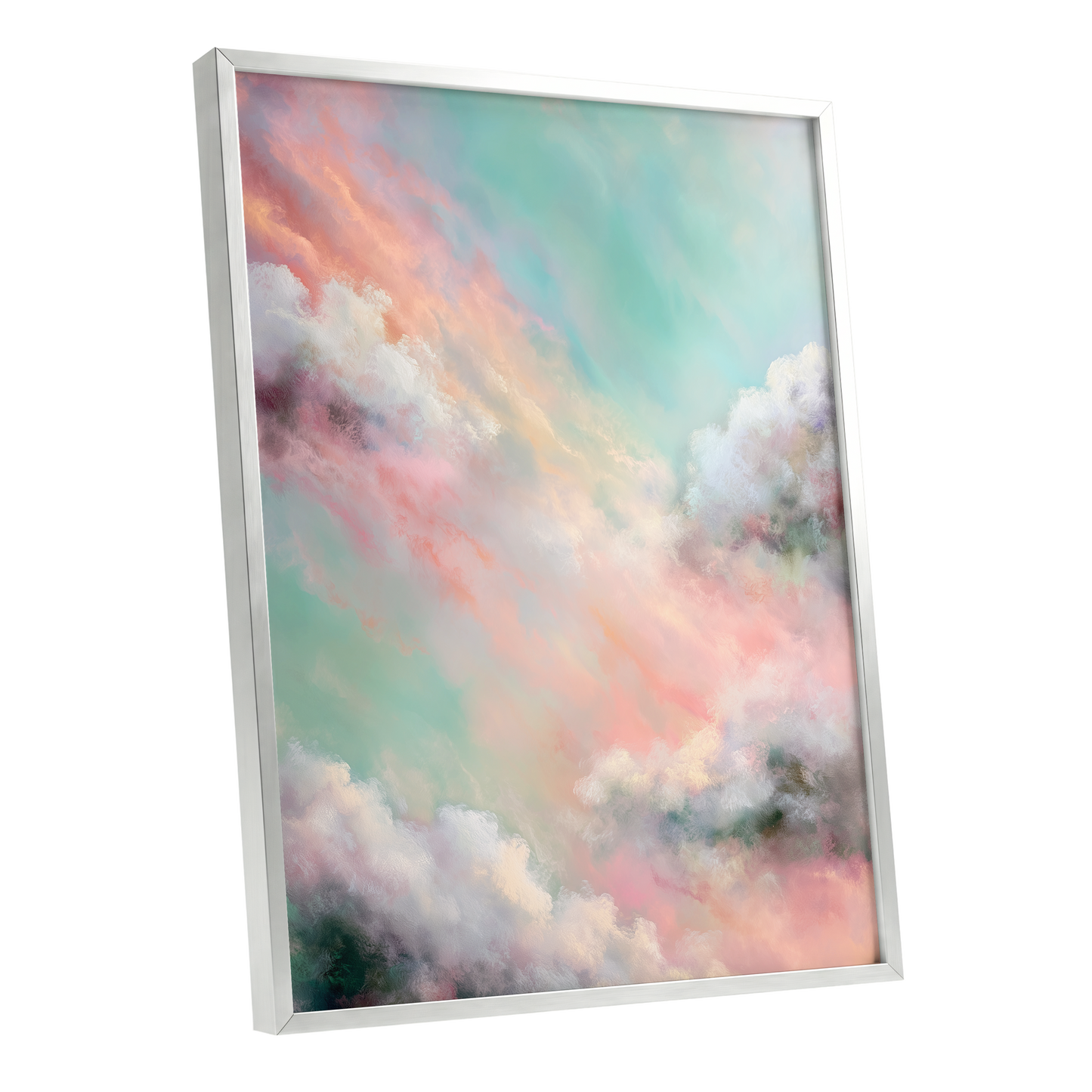 Pastel Cloud Reverie, pink, white, blue nature wall art shown as a silver framed poster wall art print