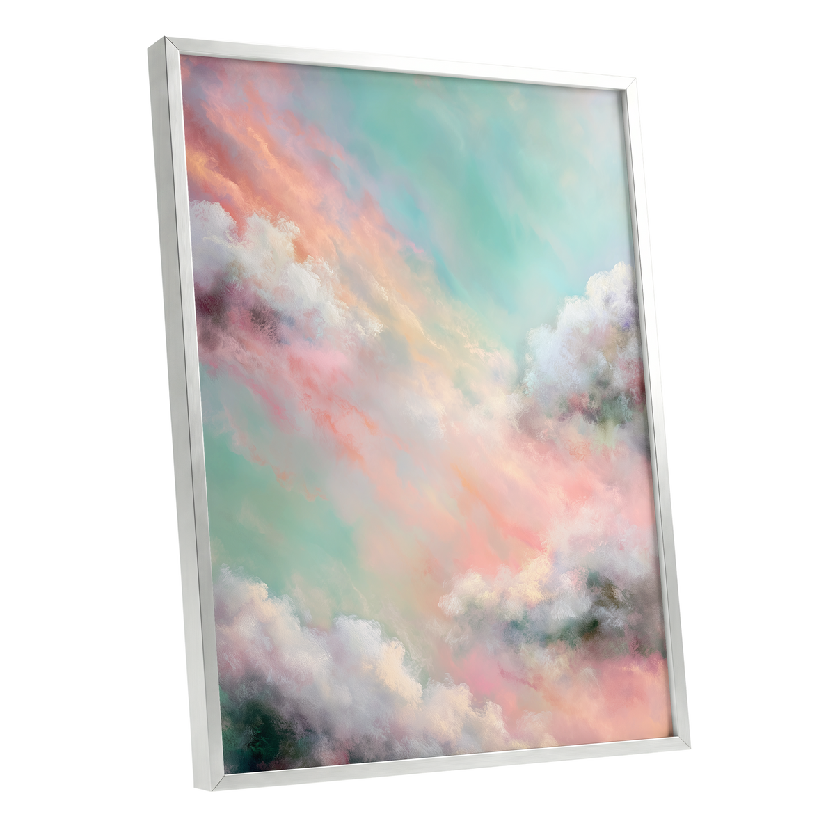 Pastel Cloud Reverie, pink, white, blue nature wall art shown as a silver framed poster wall art print