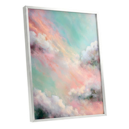 Pastel Cloud Reverie, pink, white, blue nature wall art shown as a silver framed poster wall art print