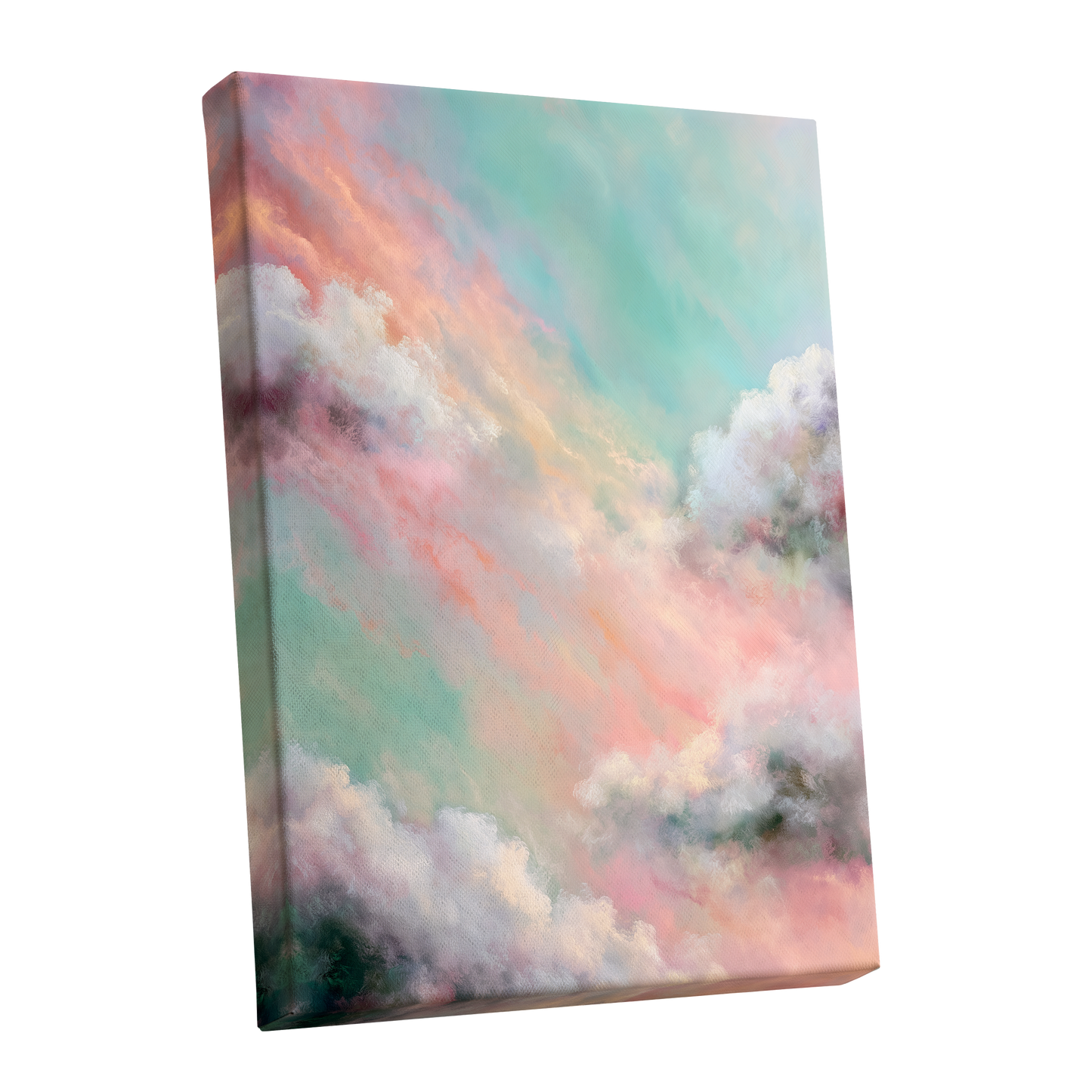 Pastel Cloud Reverie, pink, white, blue nature wall art shown as a stretched canvas wall art